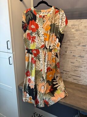 LOFT Peach and Olive Floral Button-Front Dress 14